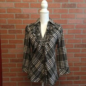 Joie Womens Blouse Top Size S Ruffle Button Front Black White Plaid